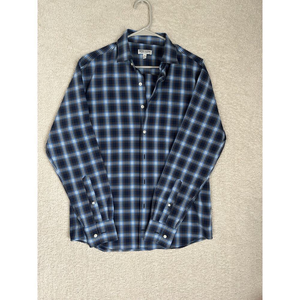 Peter Millar Summer Comfort M Button Down Long Sleeve Blue Check Shirt